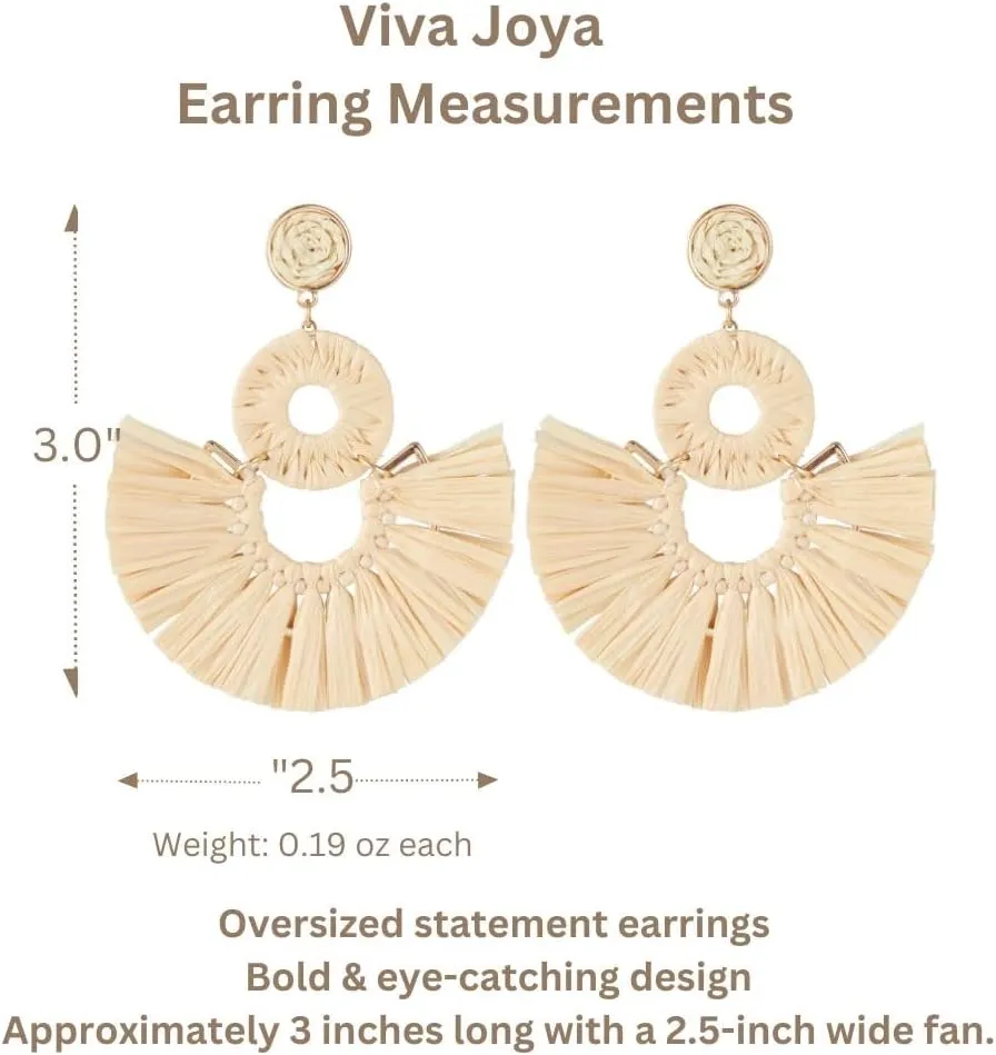 Viva Joya Large Boho Raffia Fan Tassel Drop Dangle Earrings for Women, Handmade Lightweight Woven Beach Statement Jewelry