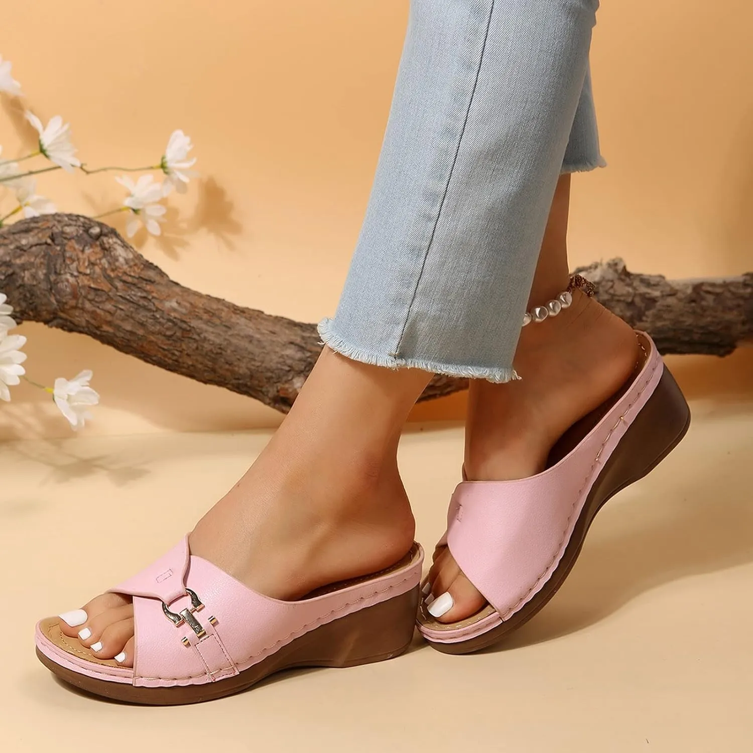 Wedge Sandals for Women 2024 Women Summer Solid Slip On Casual Open Toe Wedges Comfortable Beach Shoes Sandals