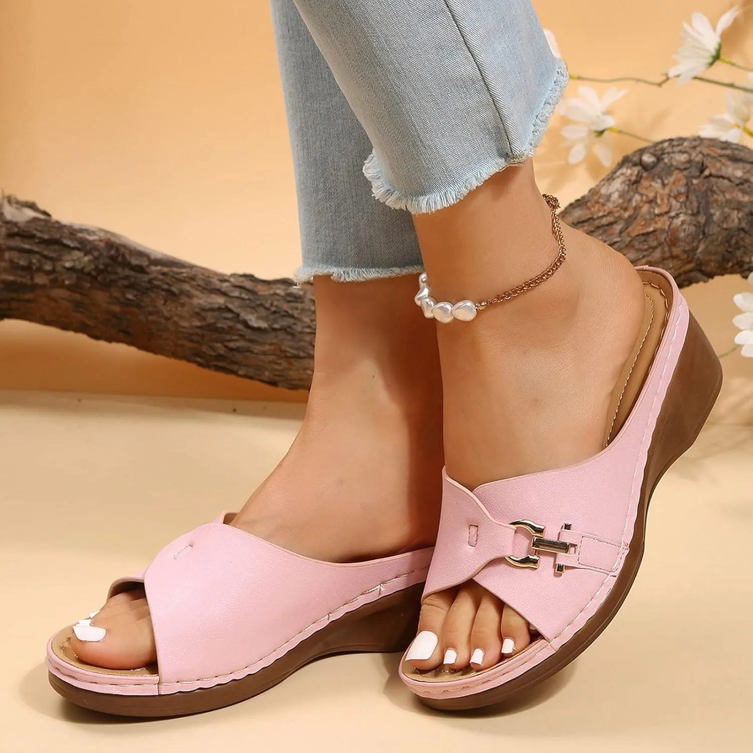 Wedge Sandals for Women 2024 Women Summer Solid Slip On Casual Open Toe Wedges Comfortable Beach Shoes Sandals