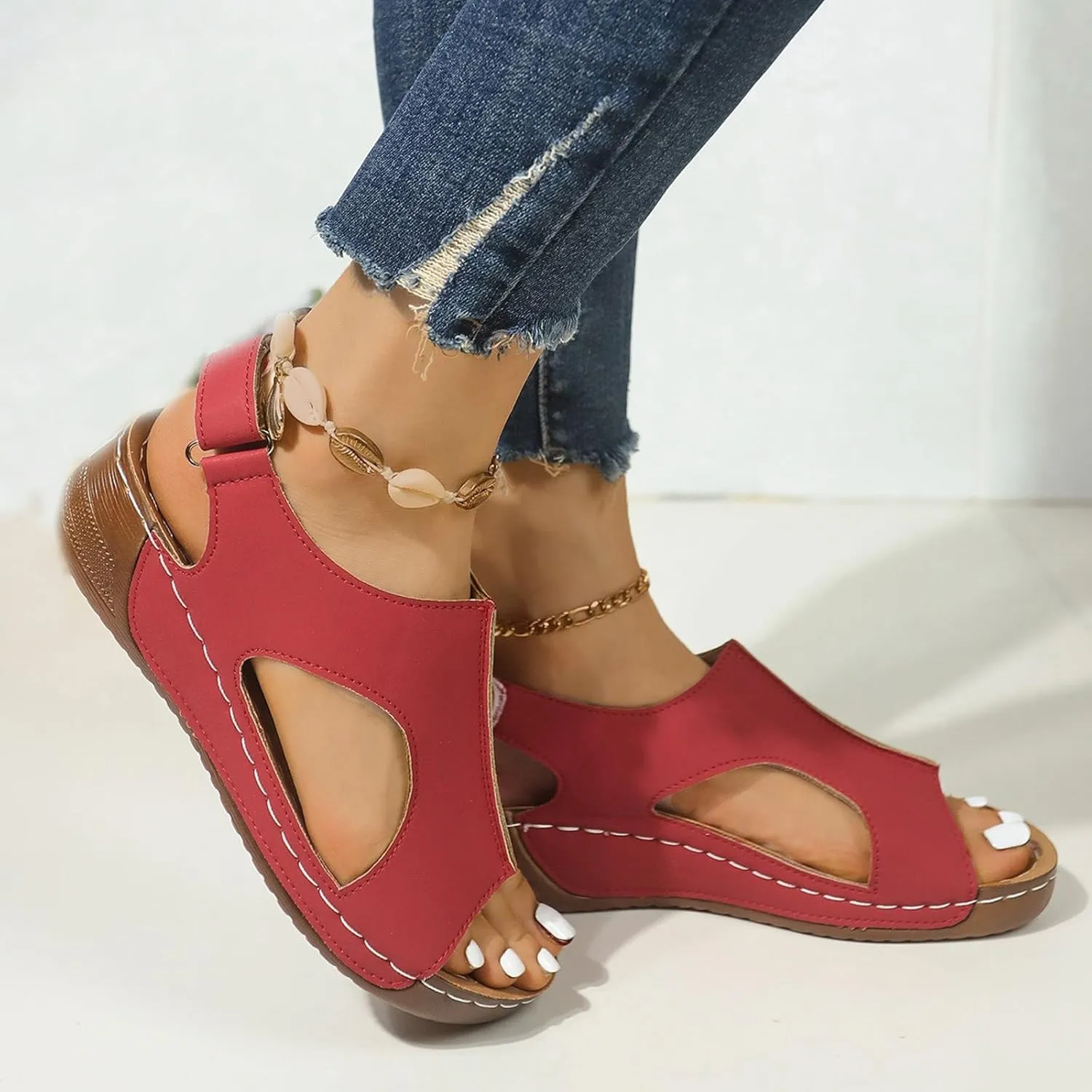 Wedge Sandals for Women Comfortable Orthopedic Platform Buckle Ankle Strap Arch Support Slip on Dressy Summer Leather Sandals