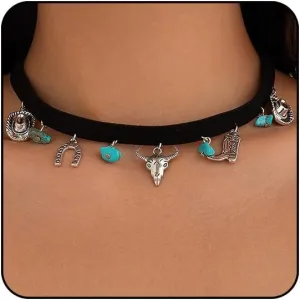 Western Necklaces for Women Boho Jewelry for Women Cowgirl Accessories Country Bohemian Jewelry Vintage Black Brown Leather Necklace with Boots Horseshoe Oxhead Hat Pendant Necklace Turquoise Jewelry