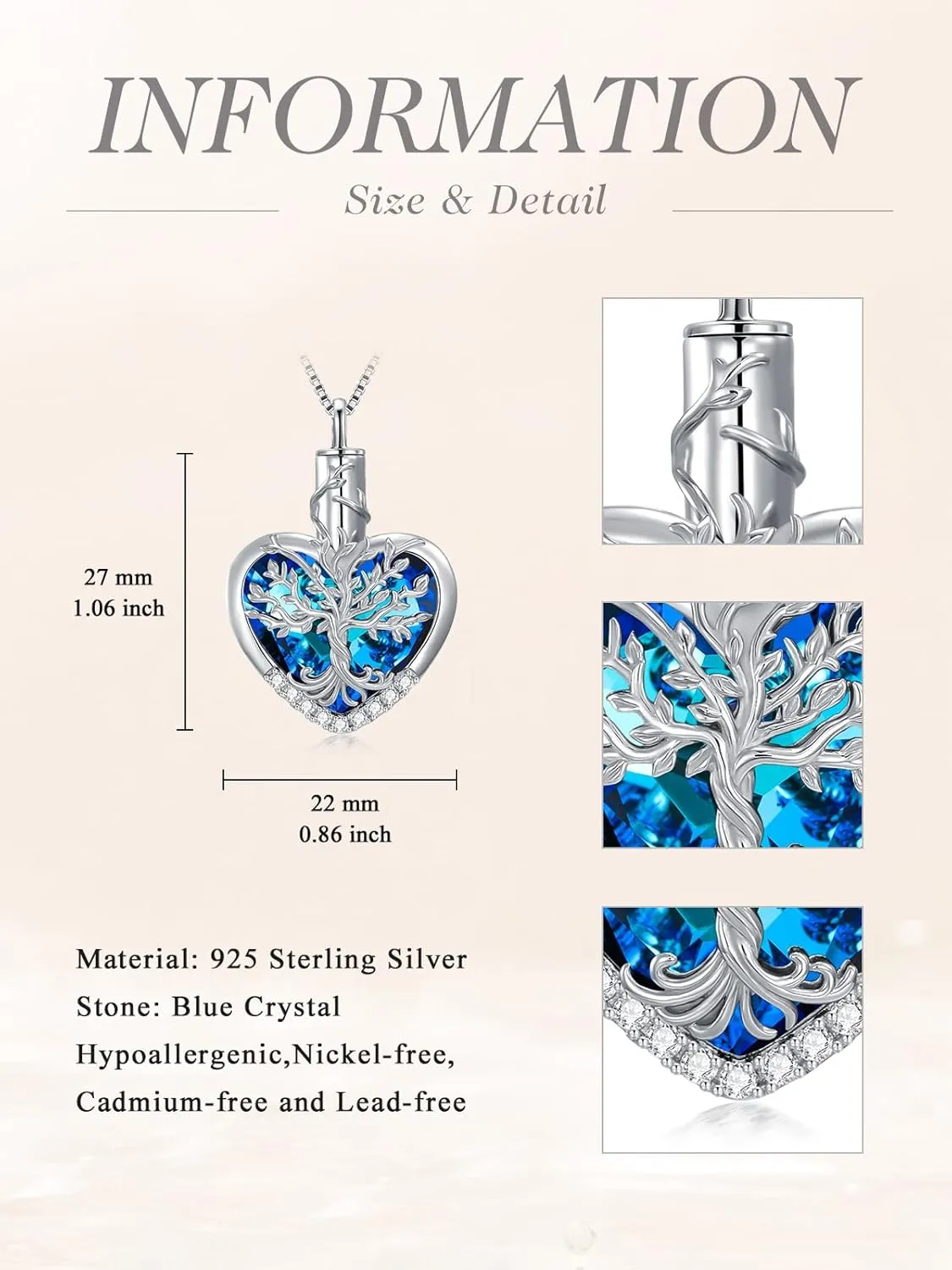 WINNICACA Urn Necklaces for Ashes 925 Sterling Silver Tree of Life Heart Cremation Jewelry for Ashes Jewelry Gifts for Human Ashes Keepsake Memorial Jewelry for Women Men