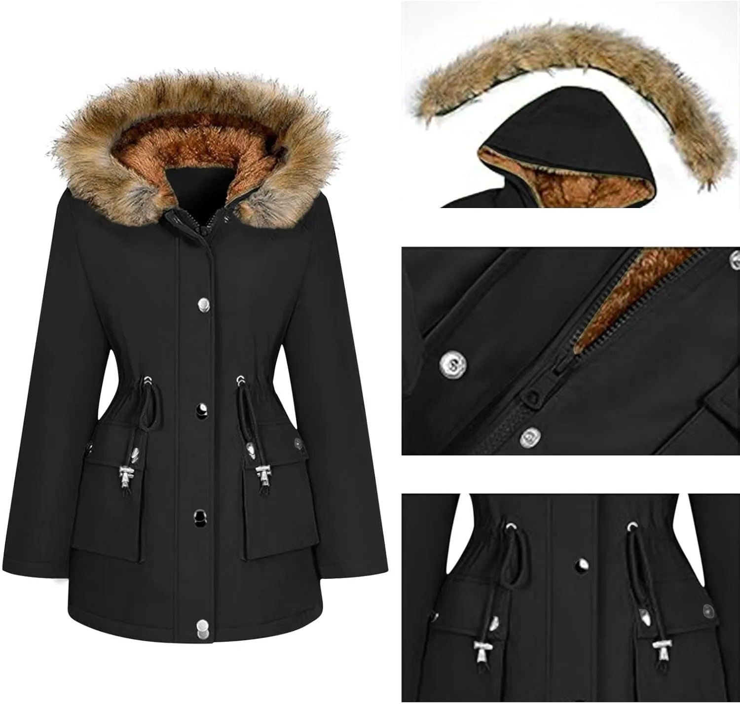 Winter Coats for Women Water Resistant Jacket Windproof Warm Parkas Thicken Fleece Lined Outwear with Fur Hood