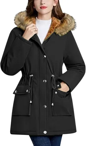 Winter Coats for Women Water Resistant Jacket Windproof Warm Parkas Thicken Fleece Lined Outwear with Fur Hood