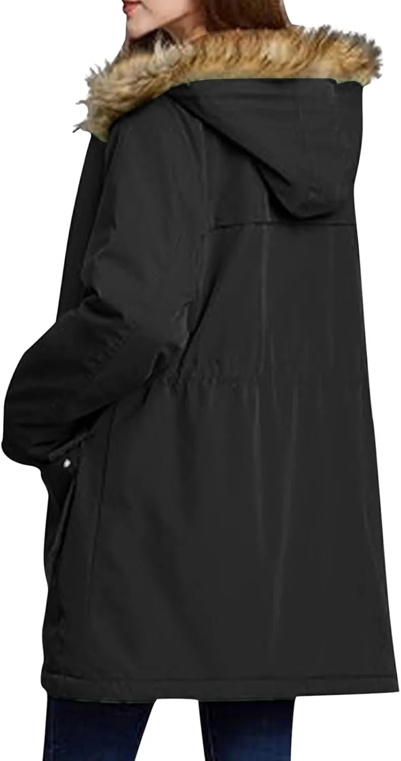 Winter Coats for Women Water Resistant Jacket Windproof Warm Parkas Thicken Fleece Lined Outwear with Fur Hood