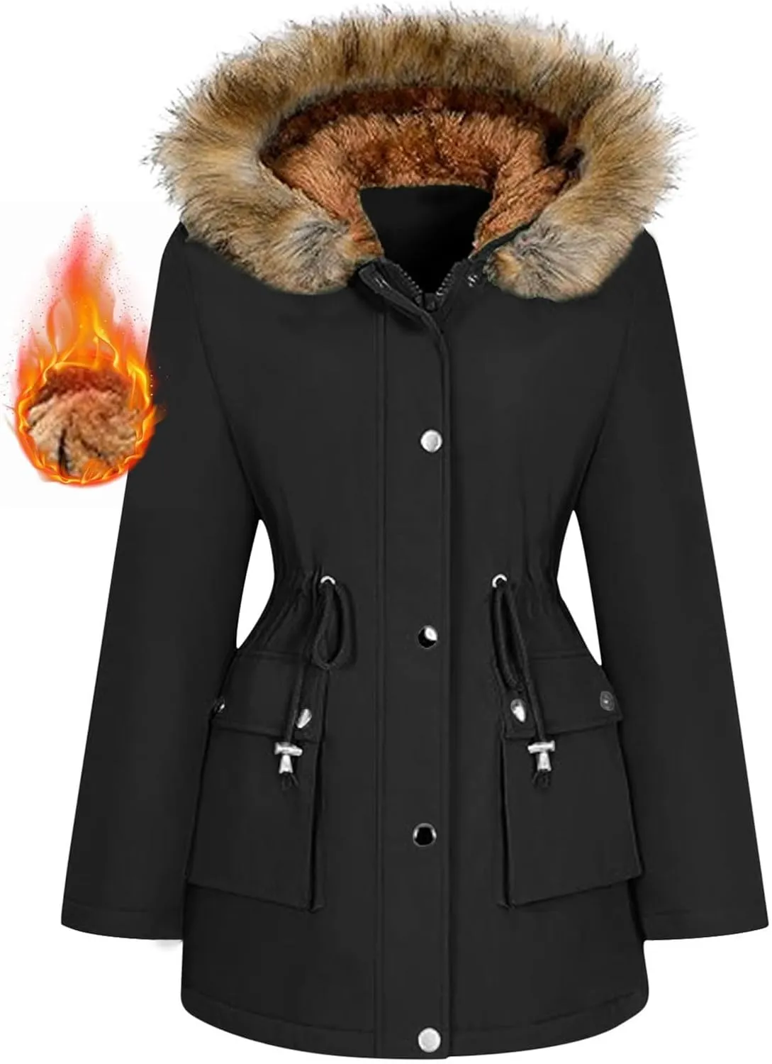 Winter Coats for Women Water Resistant Jacket Windproof Warm Parkas Thicken Fleece Lined Outwear with Fur Hood