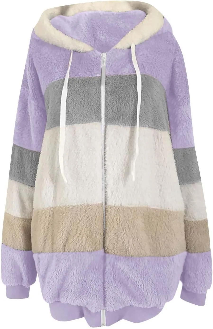 Winter Jacket Womens Warm Sherpa Fleece Hoodie Coat Fashion Color Block Zip Up Cozy Fuzzy Hooded Sweatshirt Outwear