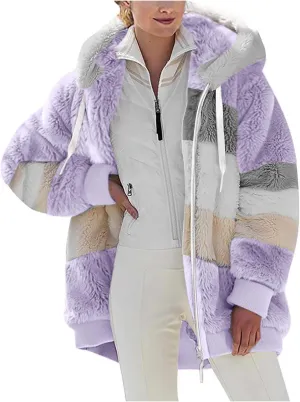 Winter Jacket Womens Warm Sherpa Fleece Hoodie Coat Fashion Color Block Zip Up Cozy Fuzzy Hooded Sweatshirt Outwear