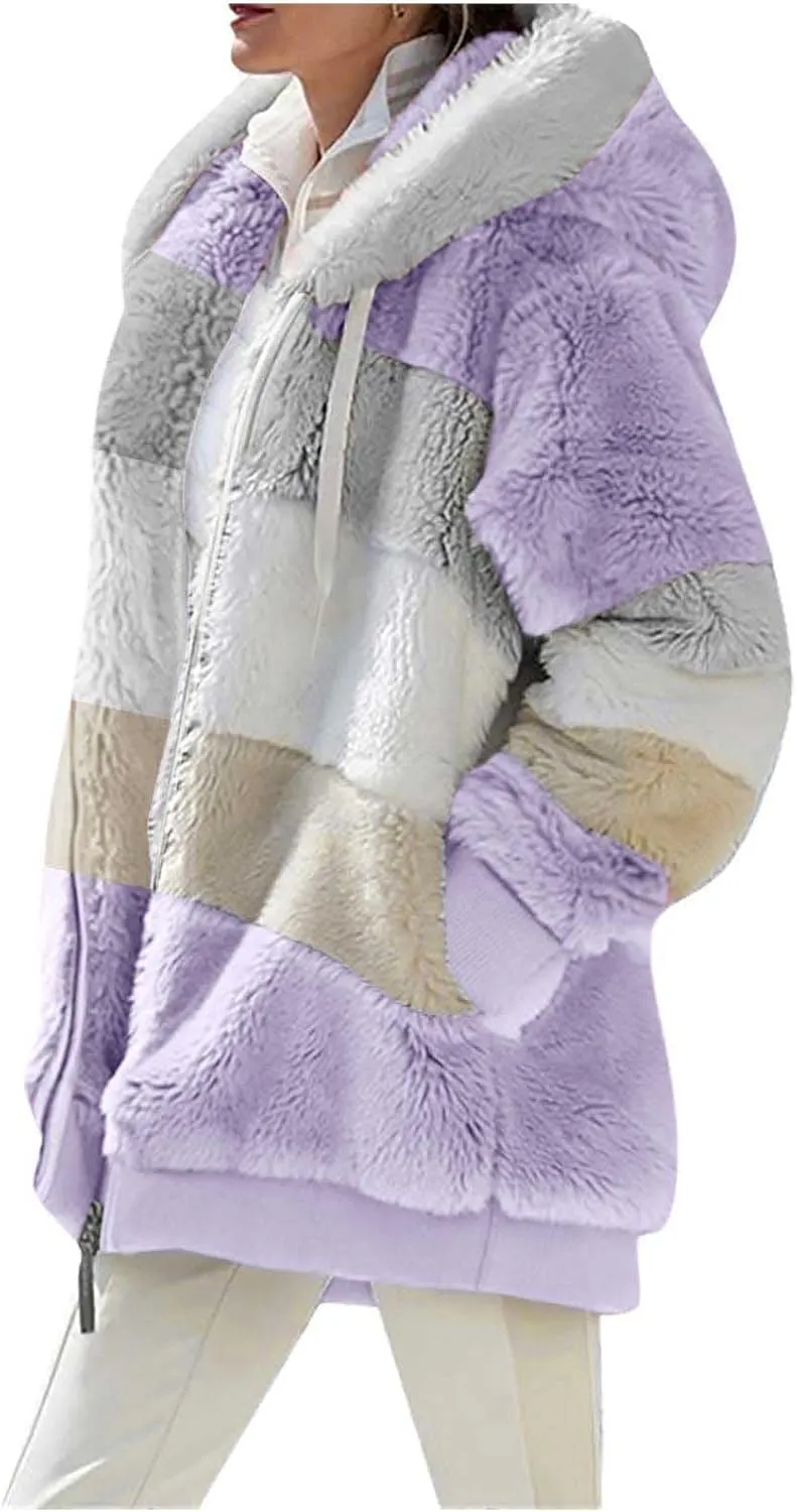 Winter Jacket Womens Warm Sherpa Fleece Hoodie Coat Fashion Color Block Zip Up Cozy Fuzzy Hooded Sweatshirt Outwear