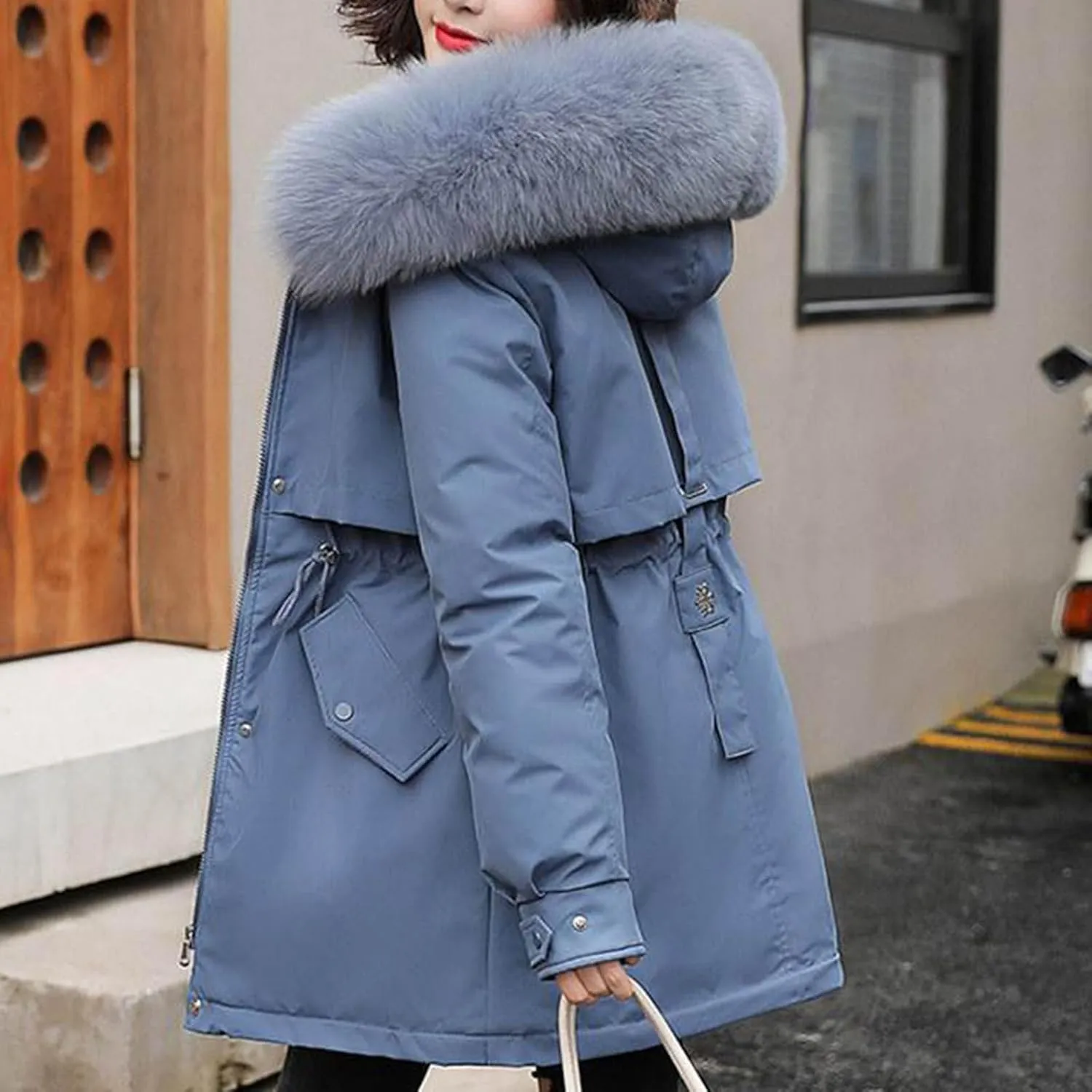 Winter Windproof Parka Coats For Women Fashion Faux Fur Trim Thicken Quilted Military Jackets Long Sleeve Trench Coat