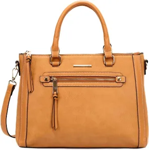 WJ Accessories Women's Leather Satchel Handbag, Tan Brown, Top Handle Tote with Front Zipper Pocket