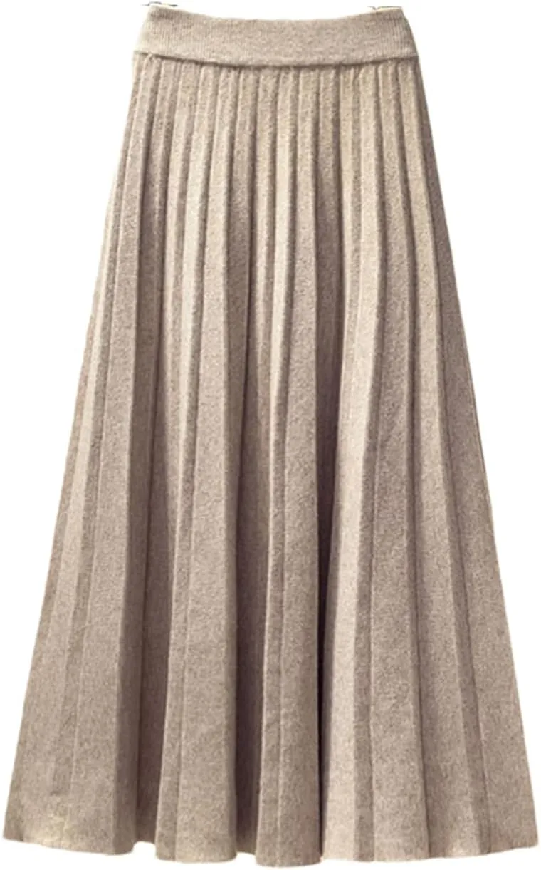 Women Autumn Winter Knitted Midi Long Pleated Skirt Blue High Waist Skirt