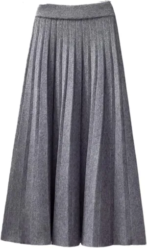 Women Autumn Winter Knitted Midi Long Pleated Skirt Blue High Waist Skirt