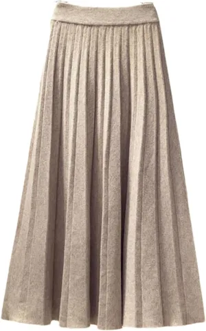 Women Autumn Winter Knitted Midi Long Pleated Skirt Blue High Waist Skirt