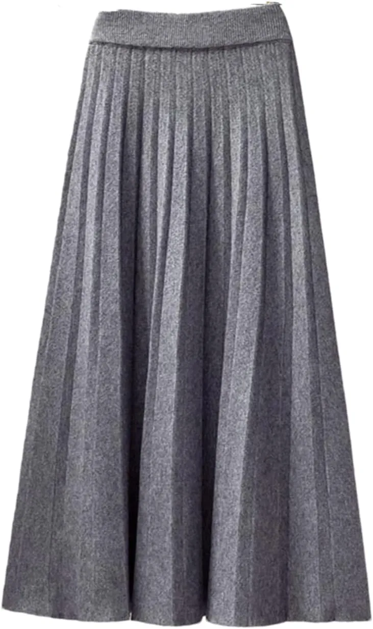 Women Autumn Winter Knitted Midi Long Pleated Skirt Blue High Waist Skirt