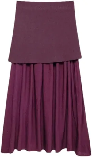 Women Combined Pleated Knit Skirt Elasticated Waistband High Waist Midi Skirt Casual Female