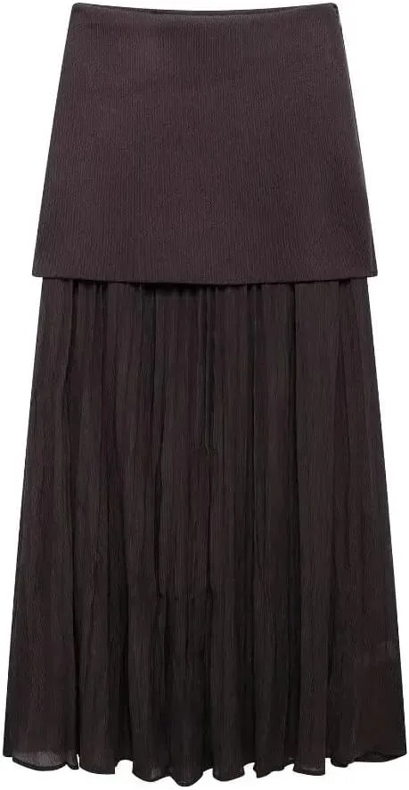 Women Combined Pleated Knit Skirt Elasticated Waistband High Waist Midi Skirt Casual Female