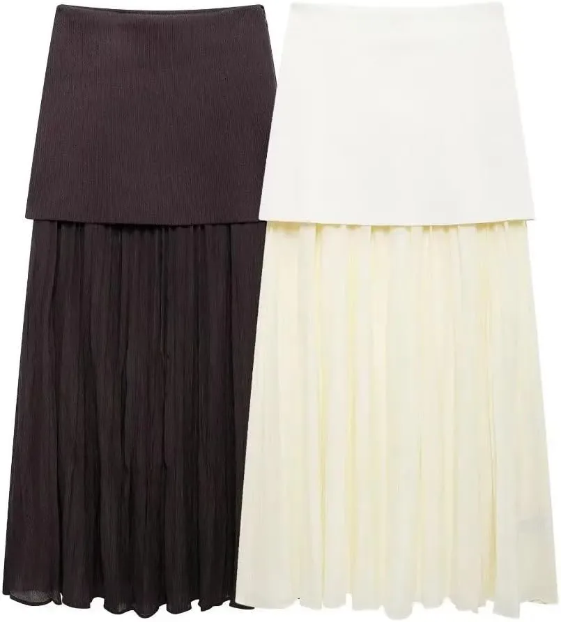 Women Combined Pleated Knit Skirt Elasticated Waistband High Waist Midi Skirt Casual Female