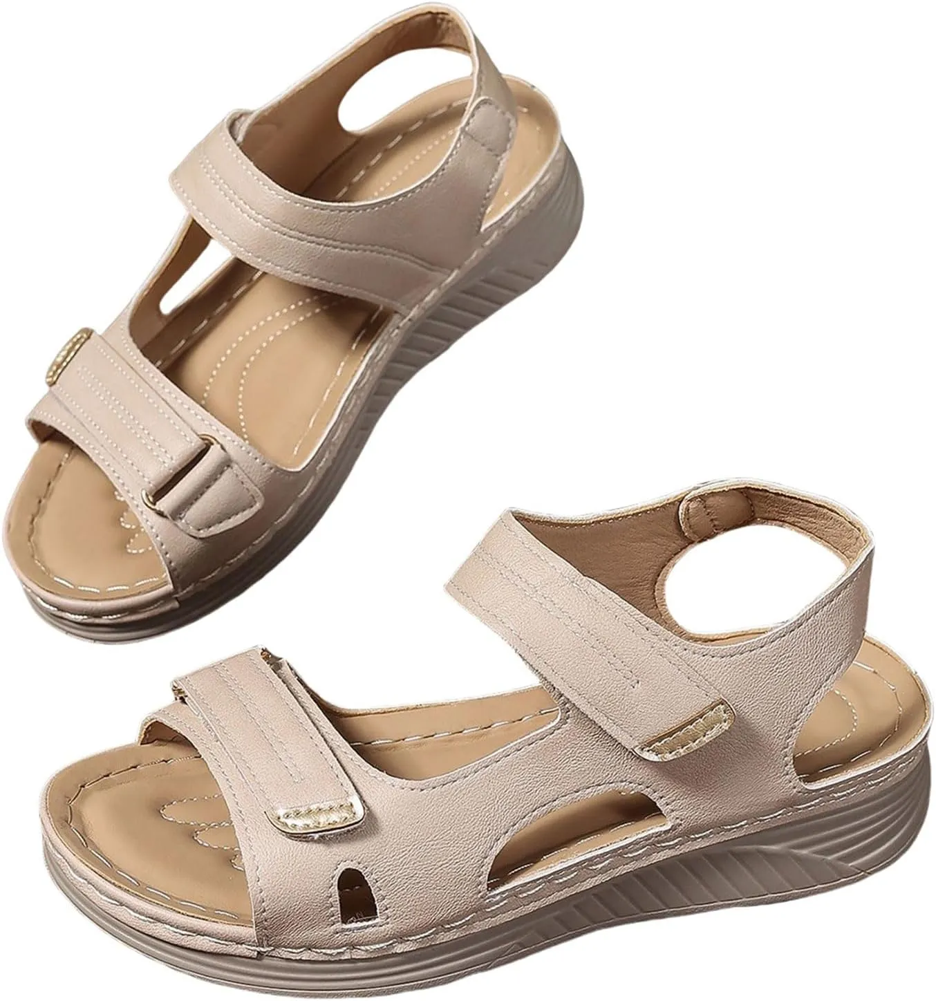 Women Comfortable Sandals Orthotic Walking Orthopedic Arch Support Dressy Sandal Non-Slip Peep Toe Slingback Wide Width Shoes Casual Platform Hollow Flat Adjustable Hook Loop Flip Flops
