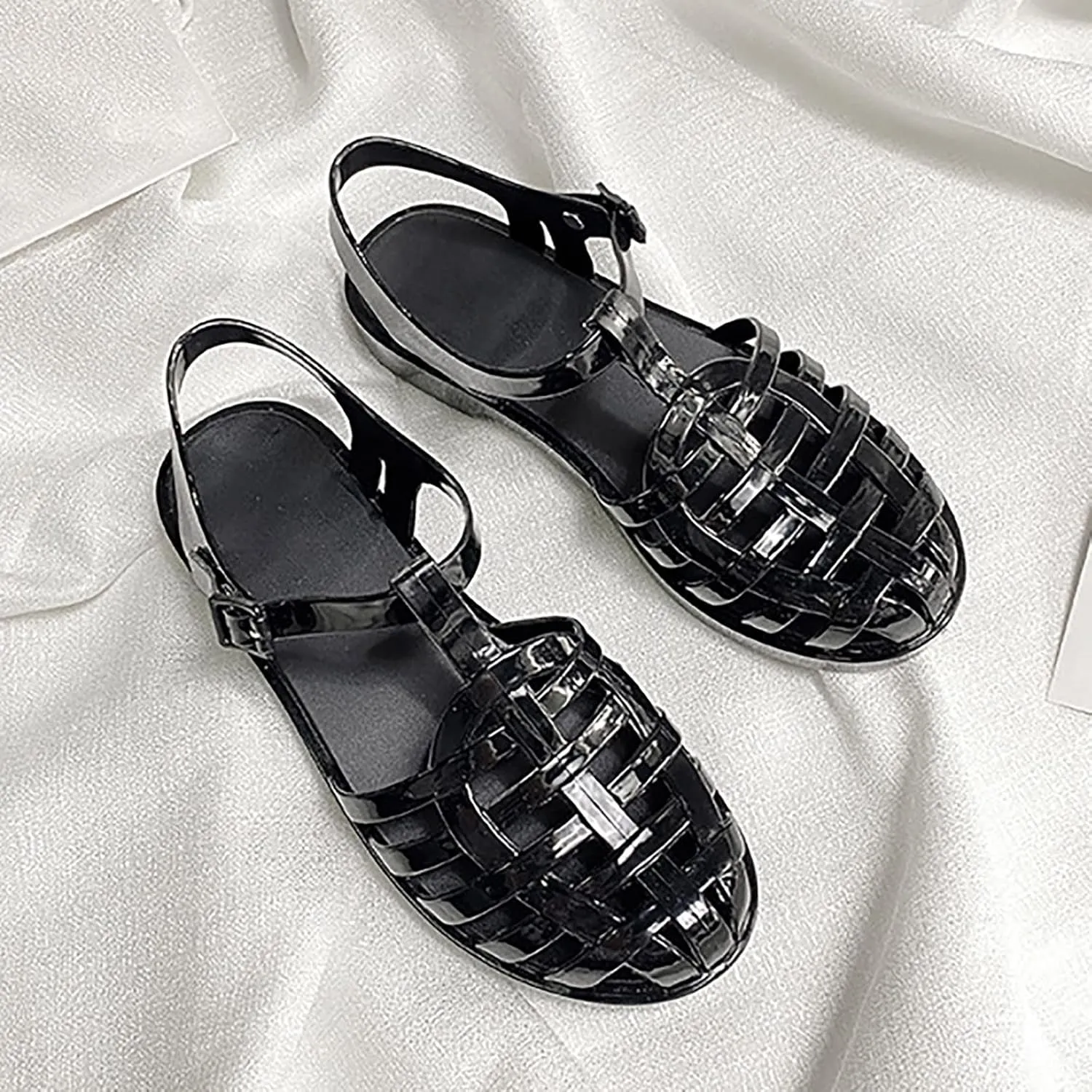 Women Jelly Sandals Adjustable Buckle T-Strap Round Toe Slingback Flats Summer Slip On Walking Shoes Close Toe Hollow Out Rain Shoes