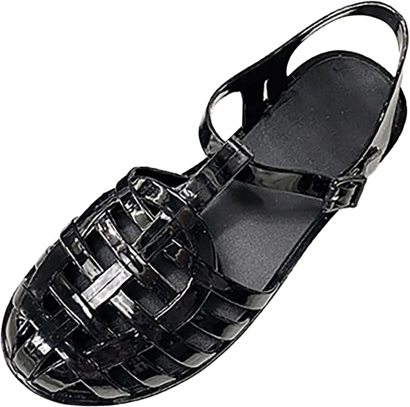 Women Jelly Sandals Adjustable Buckle T-Strap Round Toe Slingback Flats Summer Slip On Walking Shoes Close Toe Hollow Out Rain Shoes