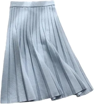 Women Knitted Midi Skirt A-Line High Waist Pleated Skirt Spring Winter Casual All Match Skirt