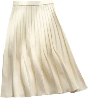 Women Knitted Midi Skirt A-Line High Waist Pleated Skirt Spring Winter Casual All Match Skirt
