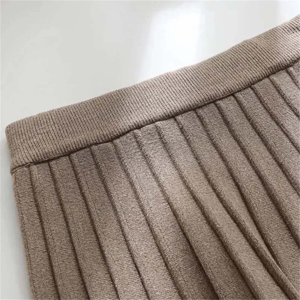 Women Knitted Midi Skirt A-Line High Waist Pleated Skirt Spring Winter Casual All Match Skirt