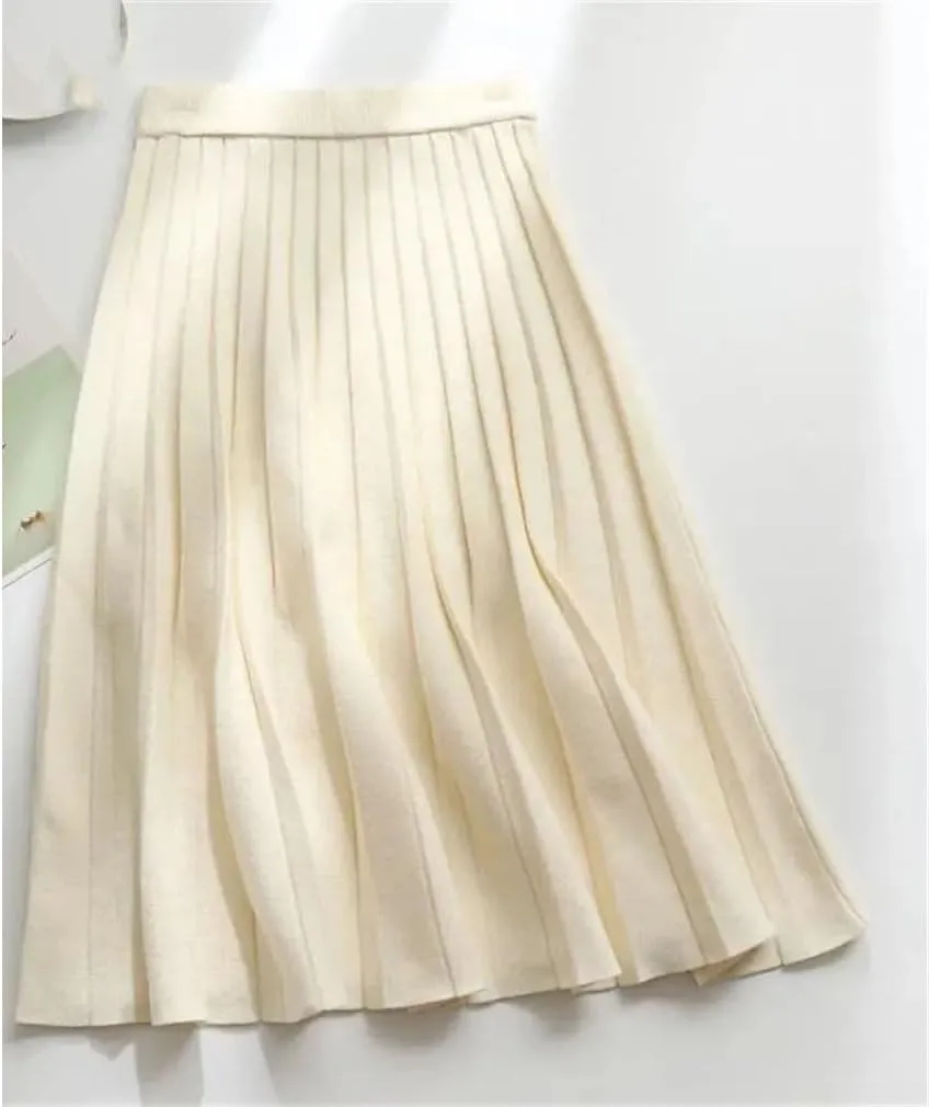 Women Knitted Midi Skirt A-Line High Waist Pleated Skirt Spring Winter Casual All Match Skirt