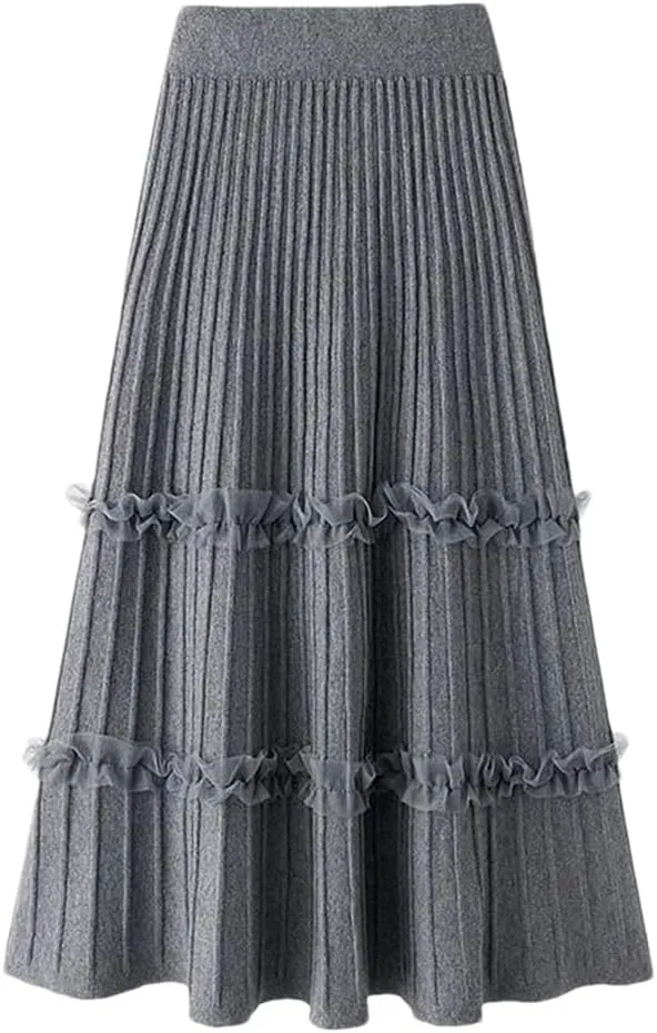 Women Lace Ruffle Knitted Midi Pleated Skirt High Waist Solid Skirt Stitching A-Line Skirt