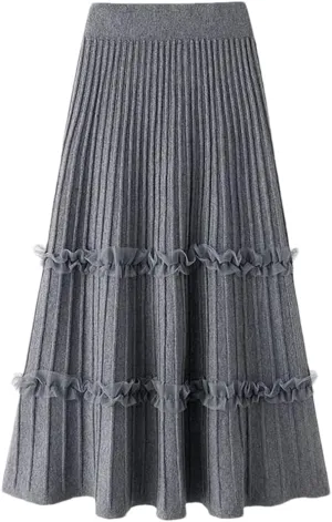 Women Lace Ruffle Knitted Midi Pleated Skirt High Waist Solid Skirt Stitching A-Line Skirt