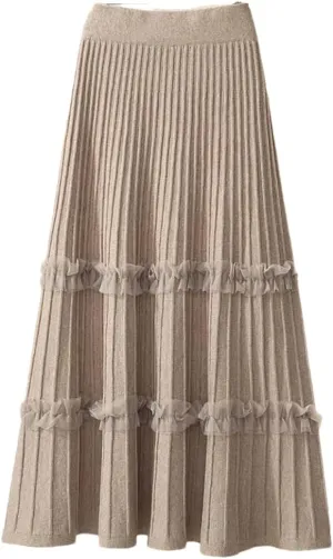 Women Lace Ruffle Knitted Midi Pleated Skirt High Waist Solid Skirt Stitching A-Line Skirt