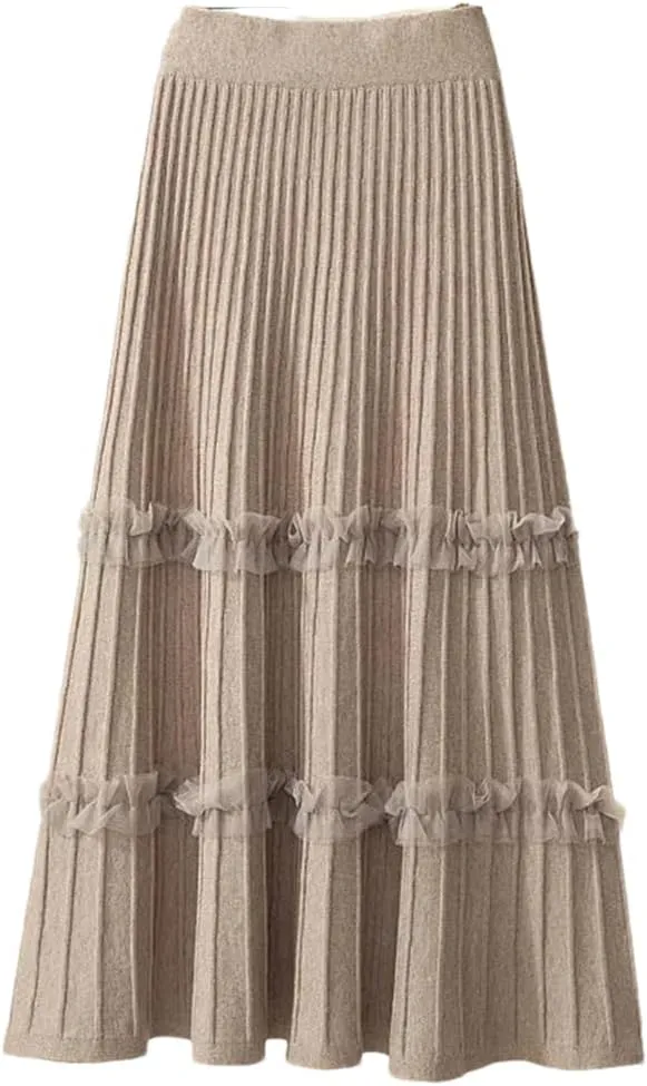 Women Lace Ruffle Knitted Midi Pleated Skirt High Waist Solid Skirt Stitching A-Line Skirt