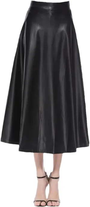 Women Leather PU Skirt Solid Office Lady Midi Skirts High-Waisted Party Long Skirt