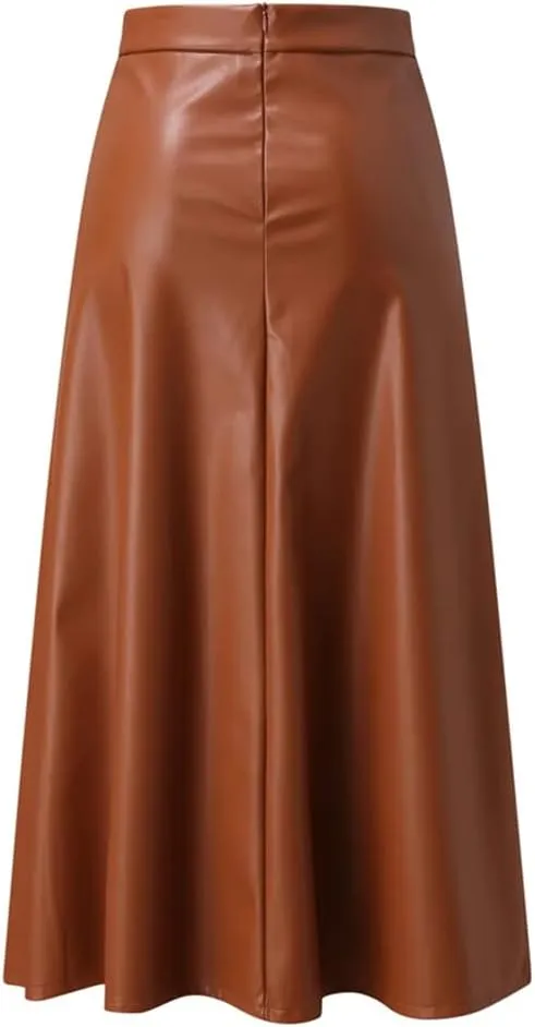 Women Leather PU Skirt Solid Office Lady Midi Skirts High-Waisted Party Long Skirt