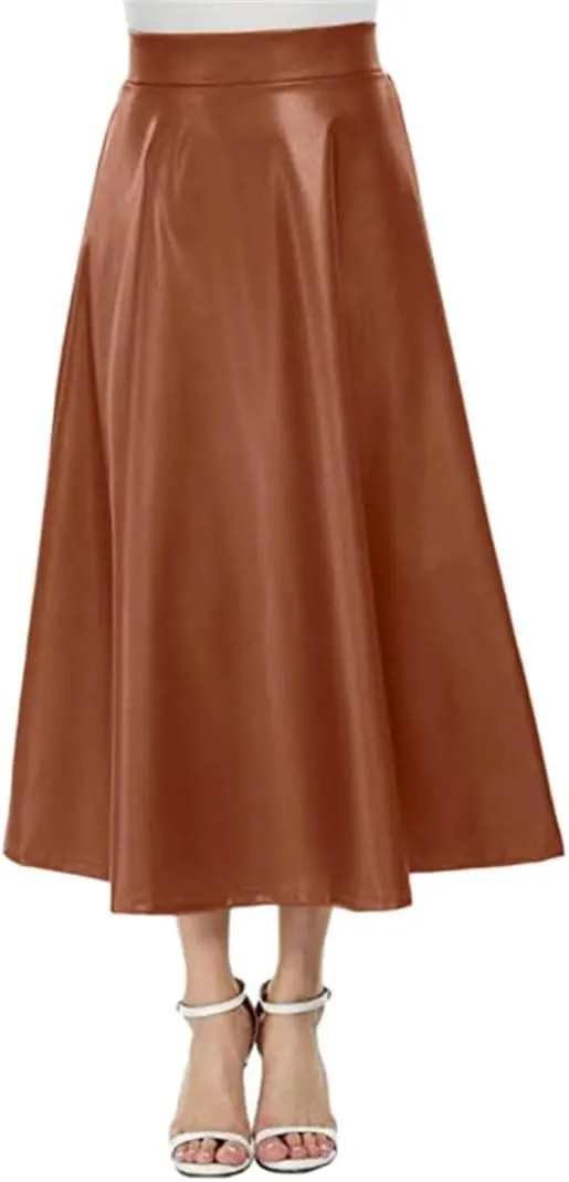 Women Leather PU Skirt Solid Office Lady Midi Skirts High-Waisted Party Long Skirt