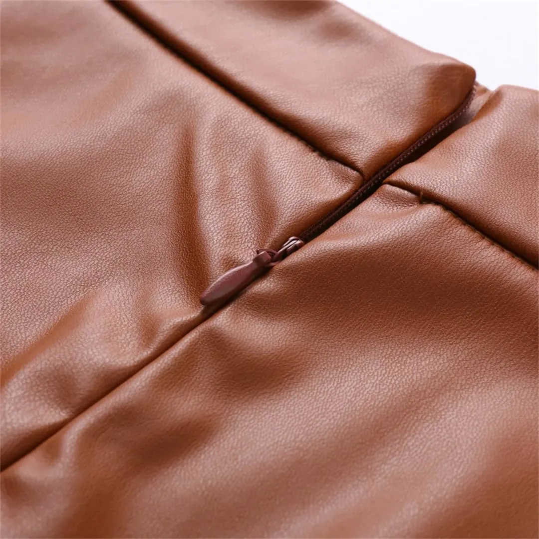 Women Leather PU Skirt Solid Office Lady Midi Skirts High-Waisted Party Long Skirt