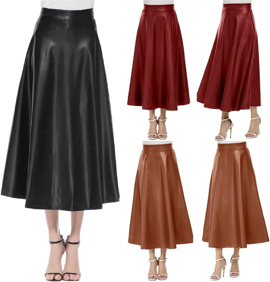 Women Leather PU Skirt Solid Office Lady Midi Skirts High-Waisted Party Long Skirt