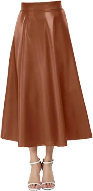Women Leather PU Skirt Solid Office Lady Midi Skirts High-Waisted Party Long Skirt