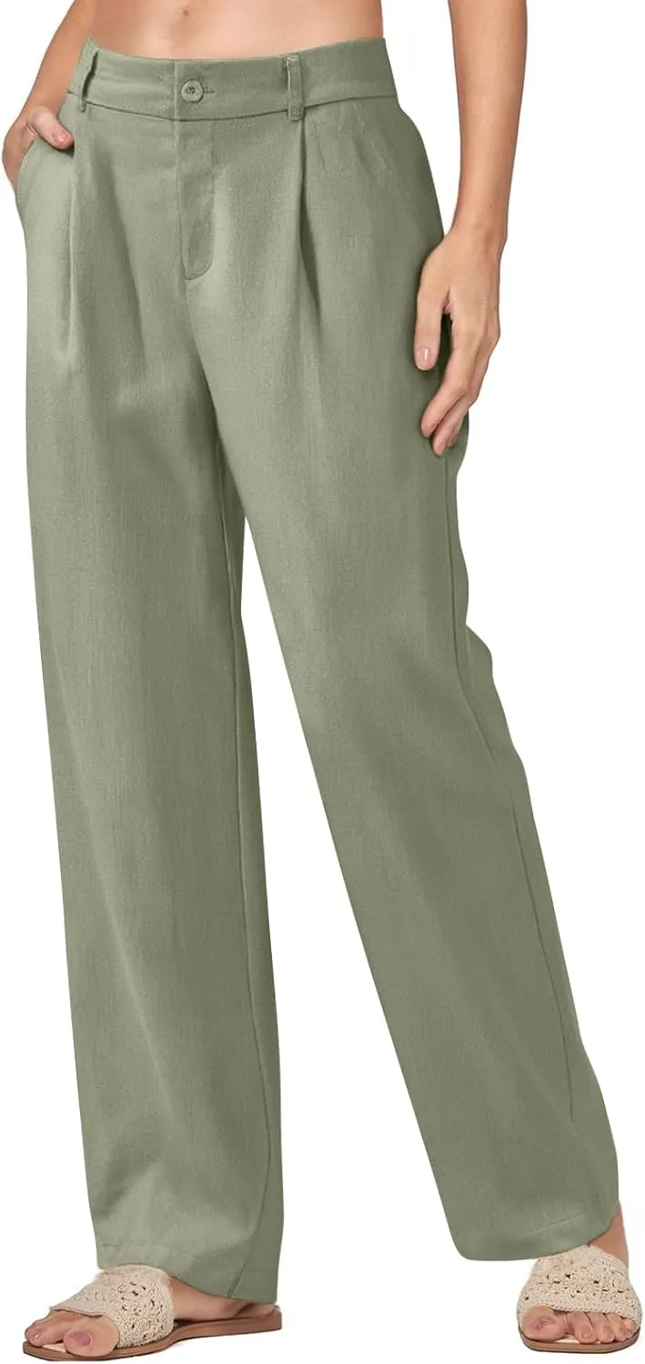 Women Linen Pants Summer Wide Leg Dress Pants High Waisted Button Down Work Pant Boho Palazzo Pant with Pockets