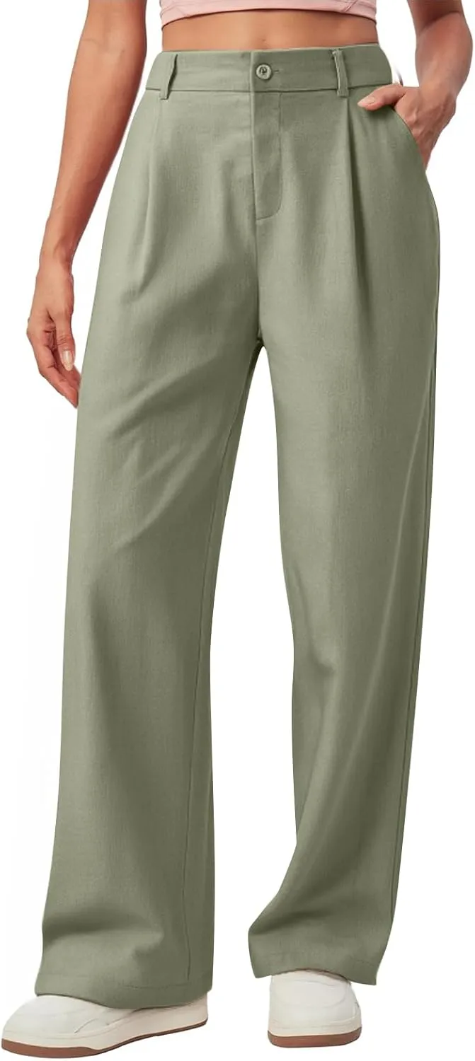 Women Linen Pants Summer Wide Leg Dress Pants High Waisted Button Down Work Pant Boho Palazzo Pant with Pockets