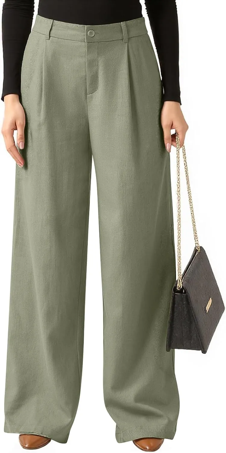 Women Linen Pants Summer Wide Leg Dress Pants High Waisted Button Down Work Pant Boho Palazzo Pant with Pockets