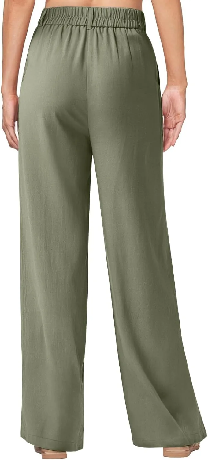 Women Linen Pants Summer Wide Leg Dress Pants High Waisted Button Down Work Pant Boho Palazzo Pant with Pockets