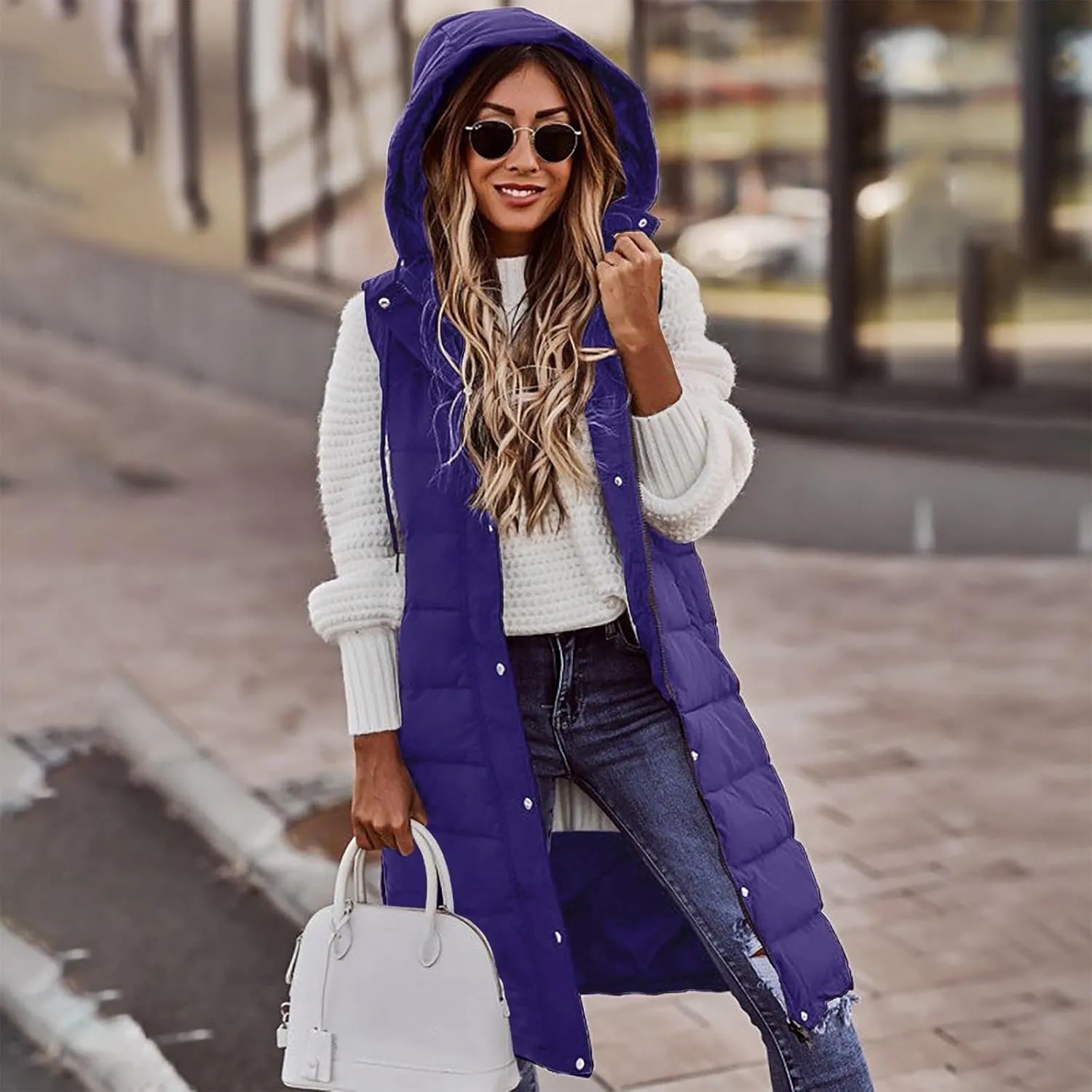 Women Long Puffer Vest Oversized Sleeveless Quilted Vest Zipper Hooded Puffy Jacket Plus Size Down Vest Outerwear