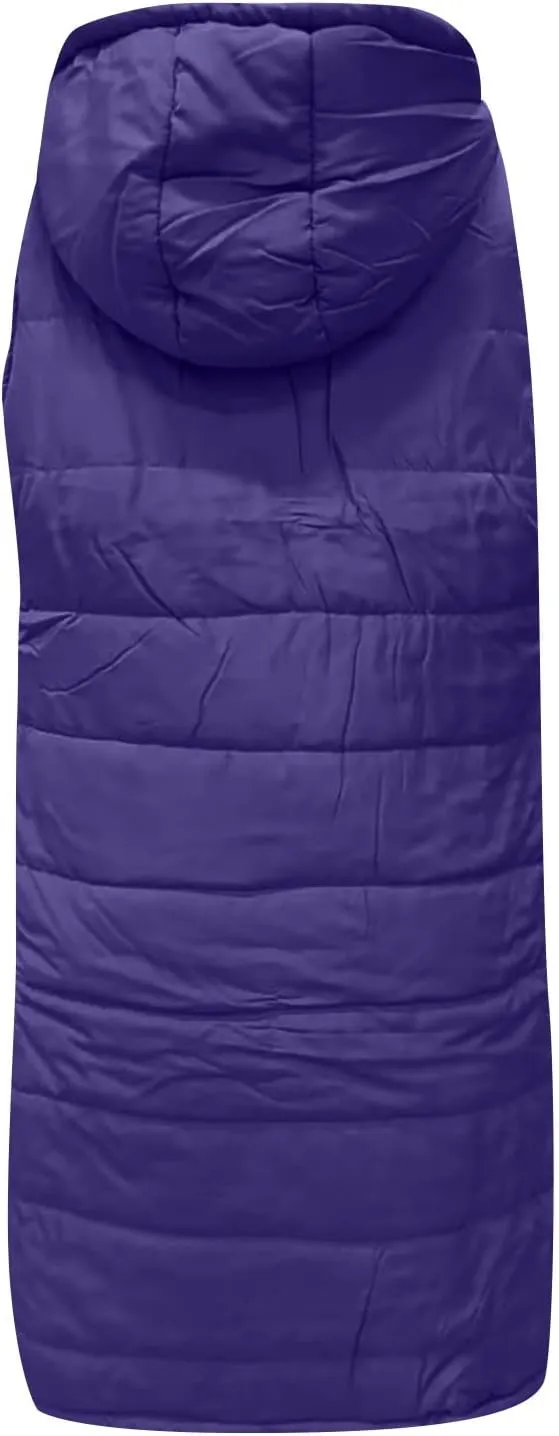 Women Long Puffer Vest Oversized Sleeveless Quilted Vest Zipper Hooded Puffy Jacket Plus Size Down Vest Outerwear
