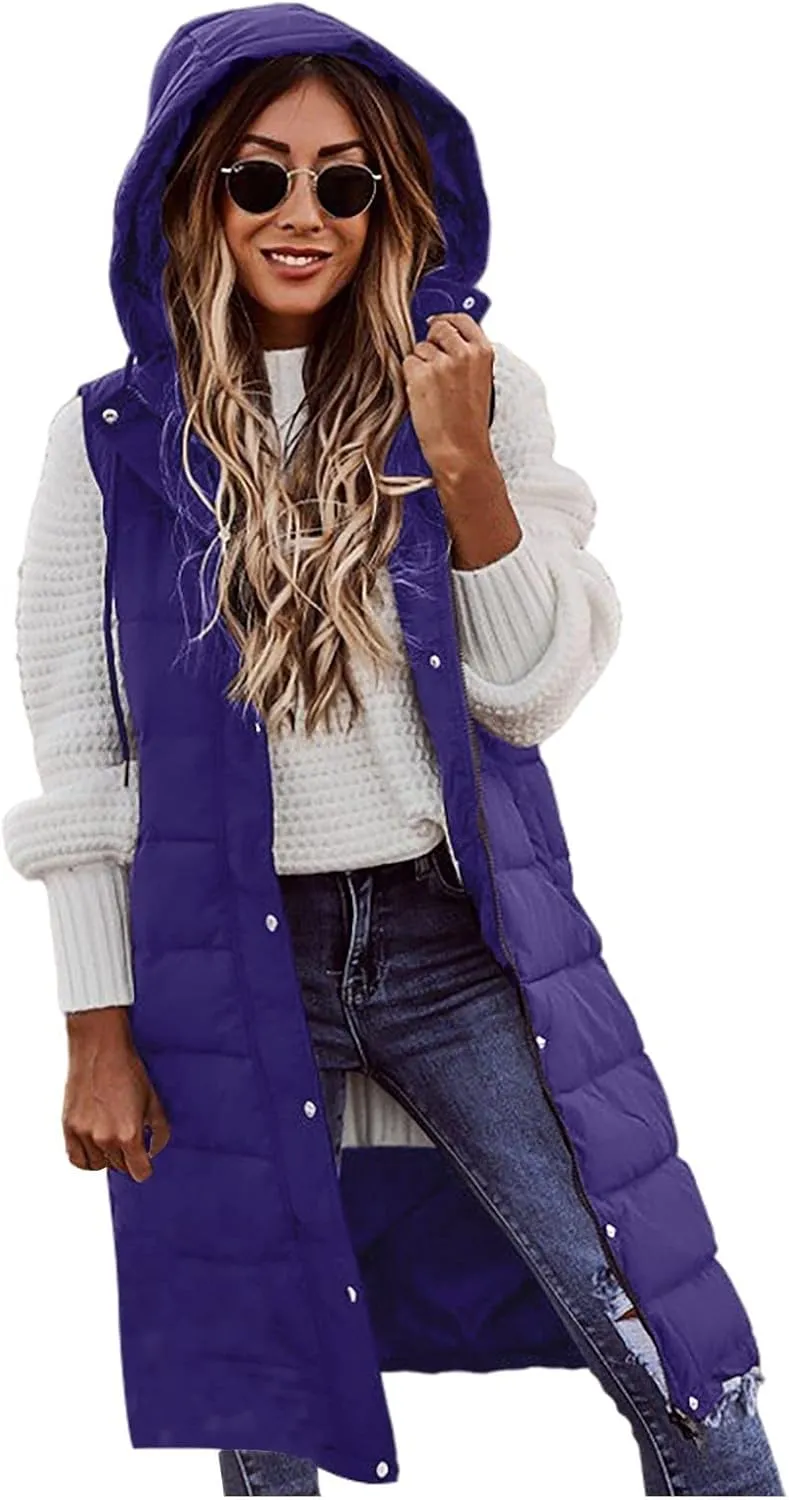 Women Long Puffer Vest Oversized Sleeveless Quilted Vest Zipper Hooded Puffy Jacket Plus Size Down Vest Outerwear