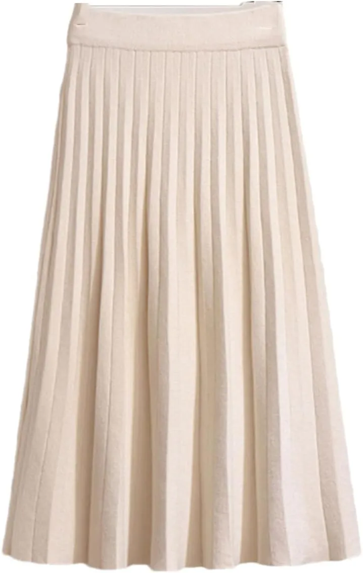 Women Midi Pleated Knitted Skirt Autumn Winter Knee Length A Line High Waist Skirt