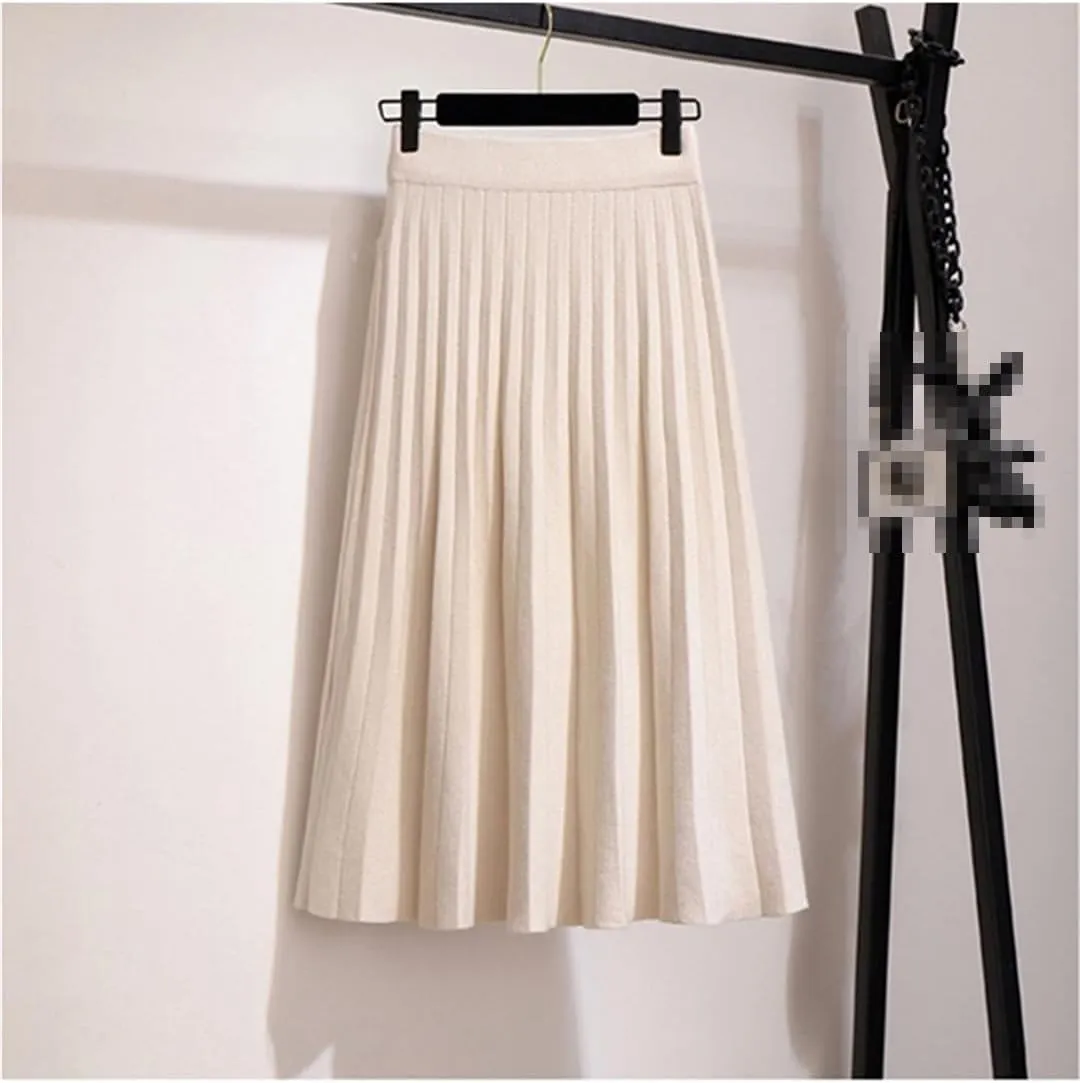 Women Midi Pleated Knitted Skirt Autumn Winter Knee Length A Line High Waist Skirt