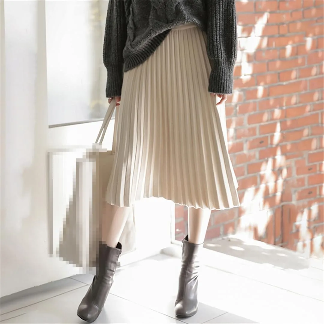 Women Midi Pleated Knitted Skirt Autumn Winter Knee Length A Line High Waist Skirt