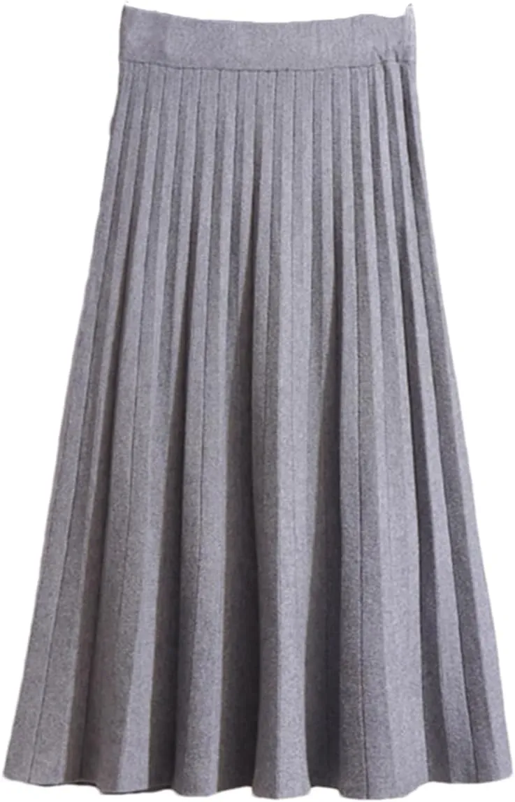 Women Midi Pleated Knitted Skirt Autumn Winter Knee Length A Line High Waist Skirt